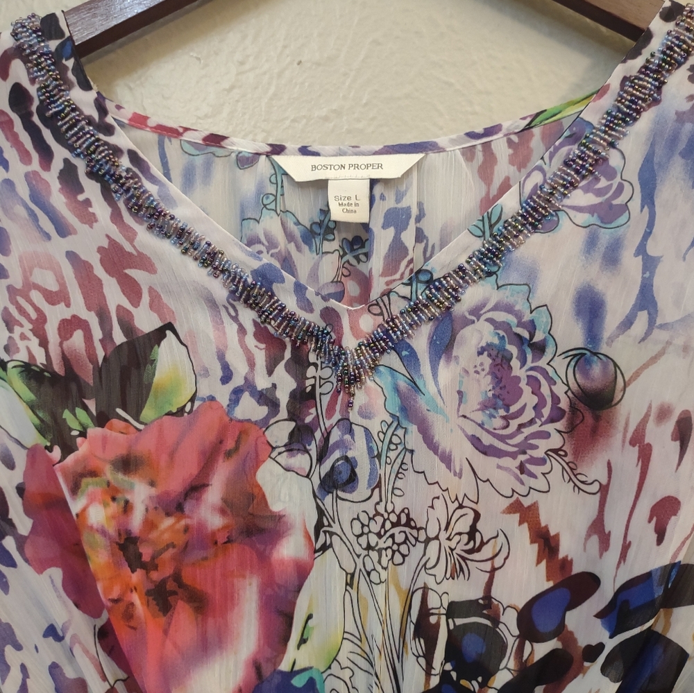 Boston Proper Mixed Print Beaded V-Neck Tunic Top - Size L - Boho Animal Floral - Picture 7 of 14
